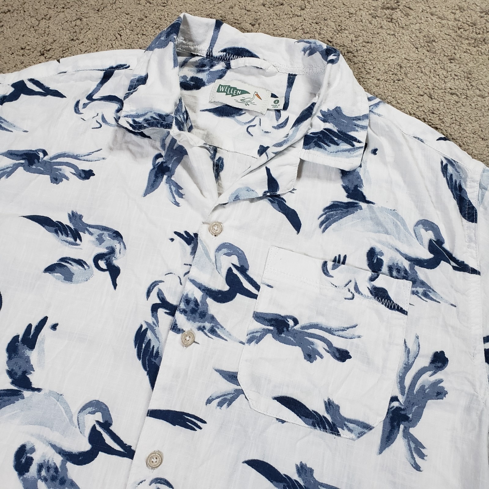 Wellen Shirt Mens Small White Blue Birds Pelican Organic Cotton Huckberry S/S